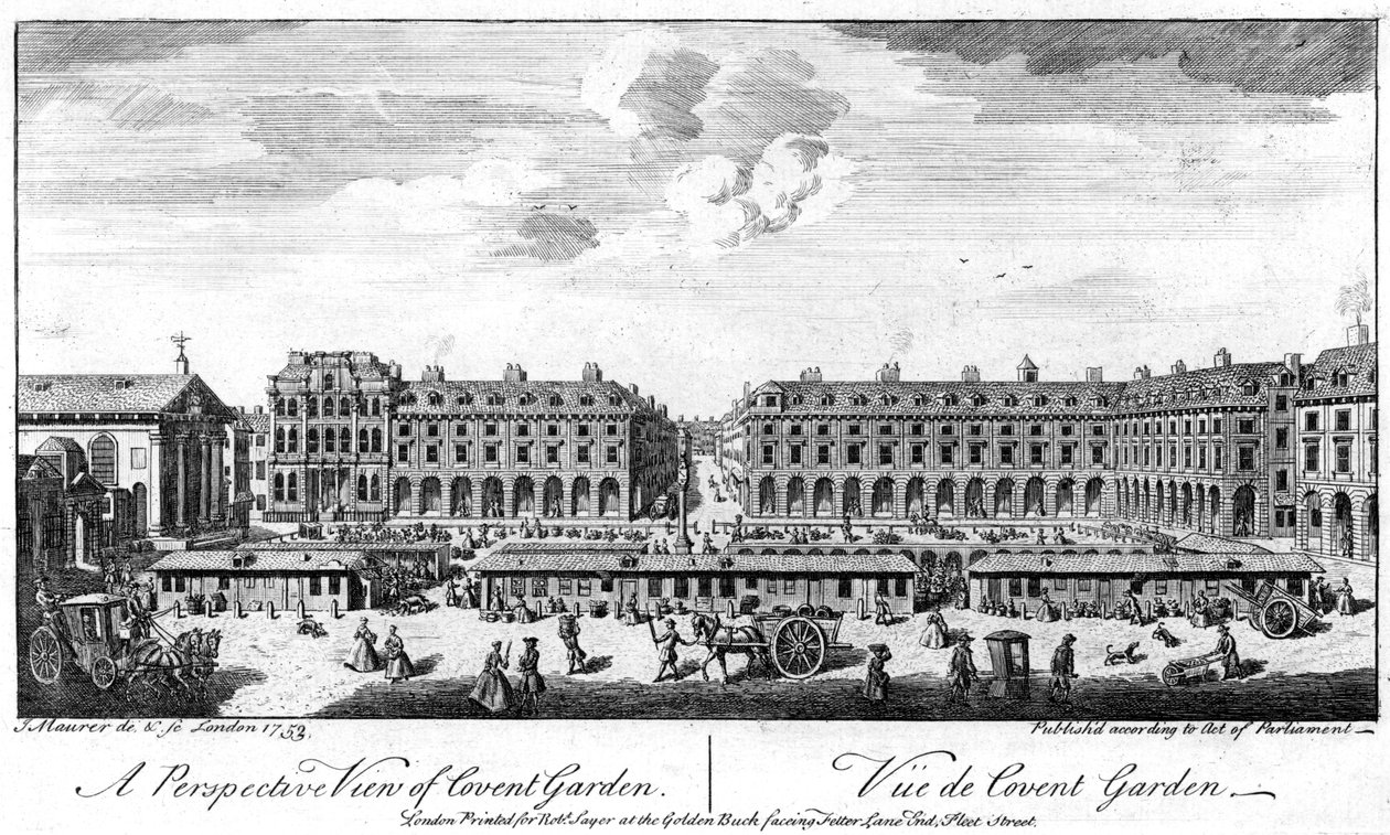 伦敦考文特花园（Covent Garden），于1753年在广场中央展示摊位 作者 不明