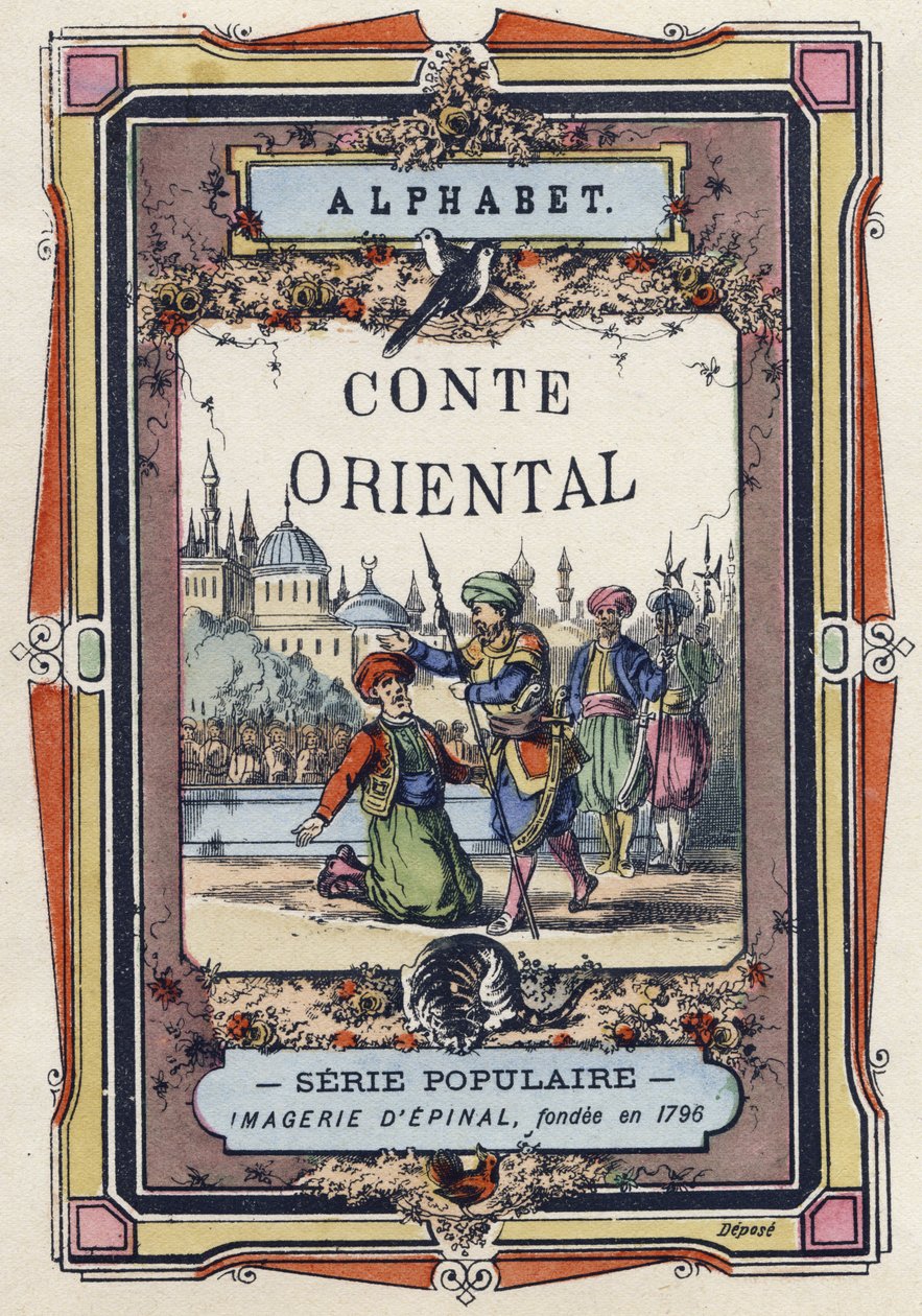 东方故事字母表的封面。 Epinal 的成像，大约 1890 年。流行系列。 8 页小册子。 尺寸：205x150mm。 以 Metiers 为主题的钢印木版画 作者 不明