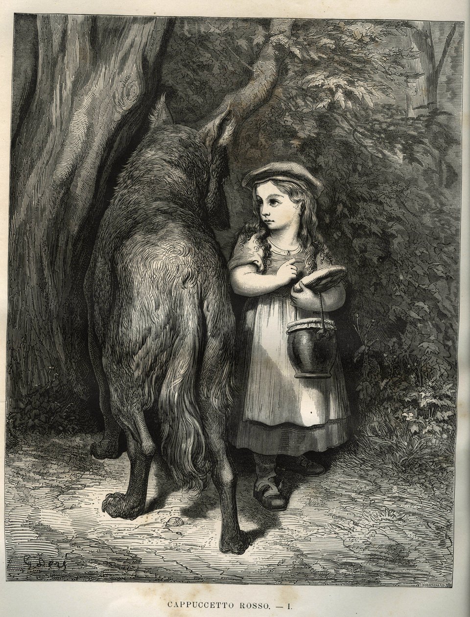 穿过树林，小红帽遇到了狼。古斯塔夫-多尔（Gustave Dore，1832-1883）的版画，出自查尔斯-佩罗（Charles Perrault，1628-1703）的 "Les contes"。 作者 不明