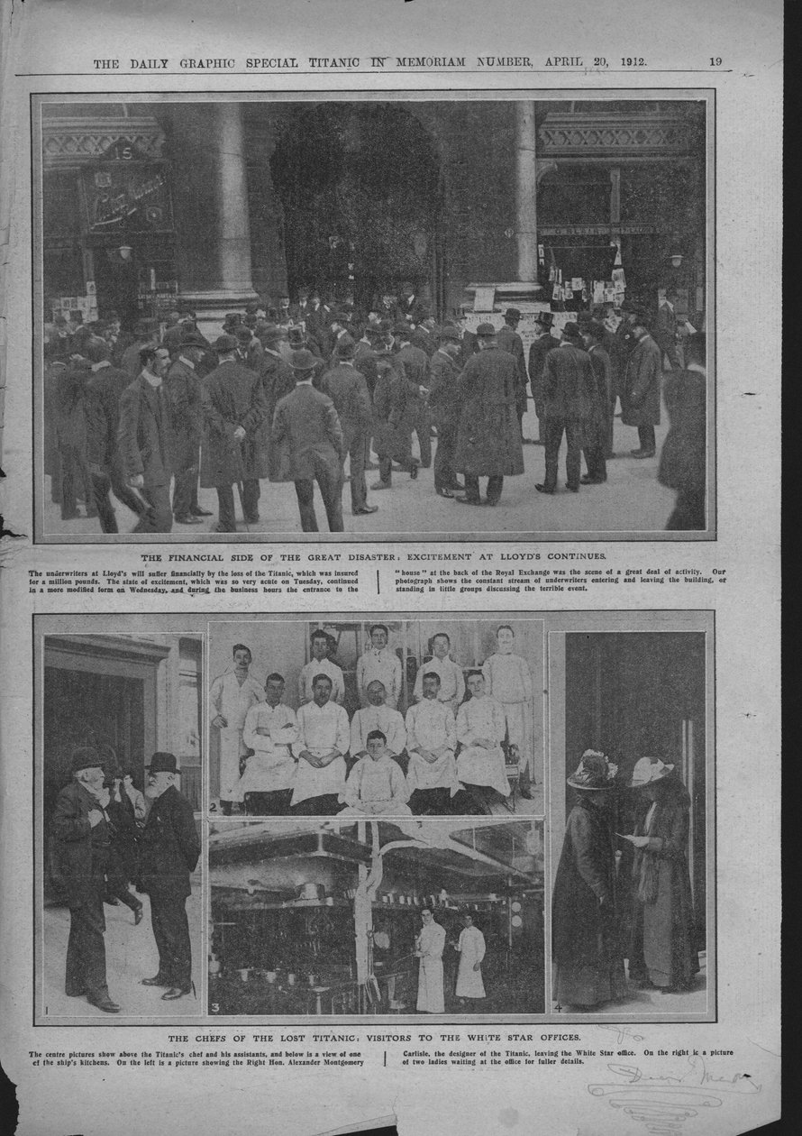 1912年4月20日，伦敦劳埃德银行外面的人群，船上的厨师和白星办公室。 作者 不明