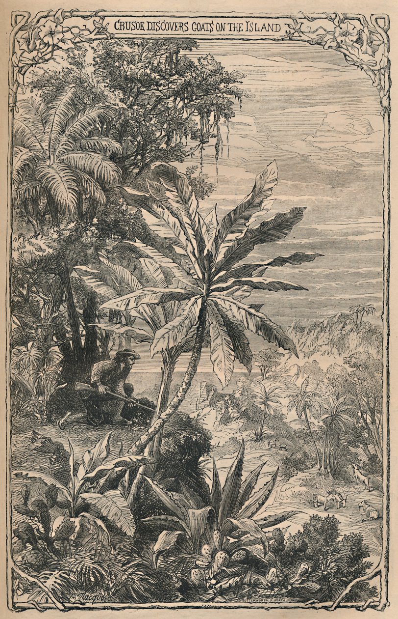 克鲁索（Crusoe）在岛上发现山羊，c1870年 作者 不明
