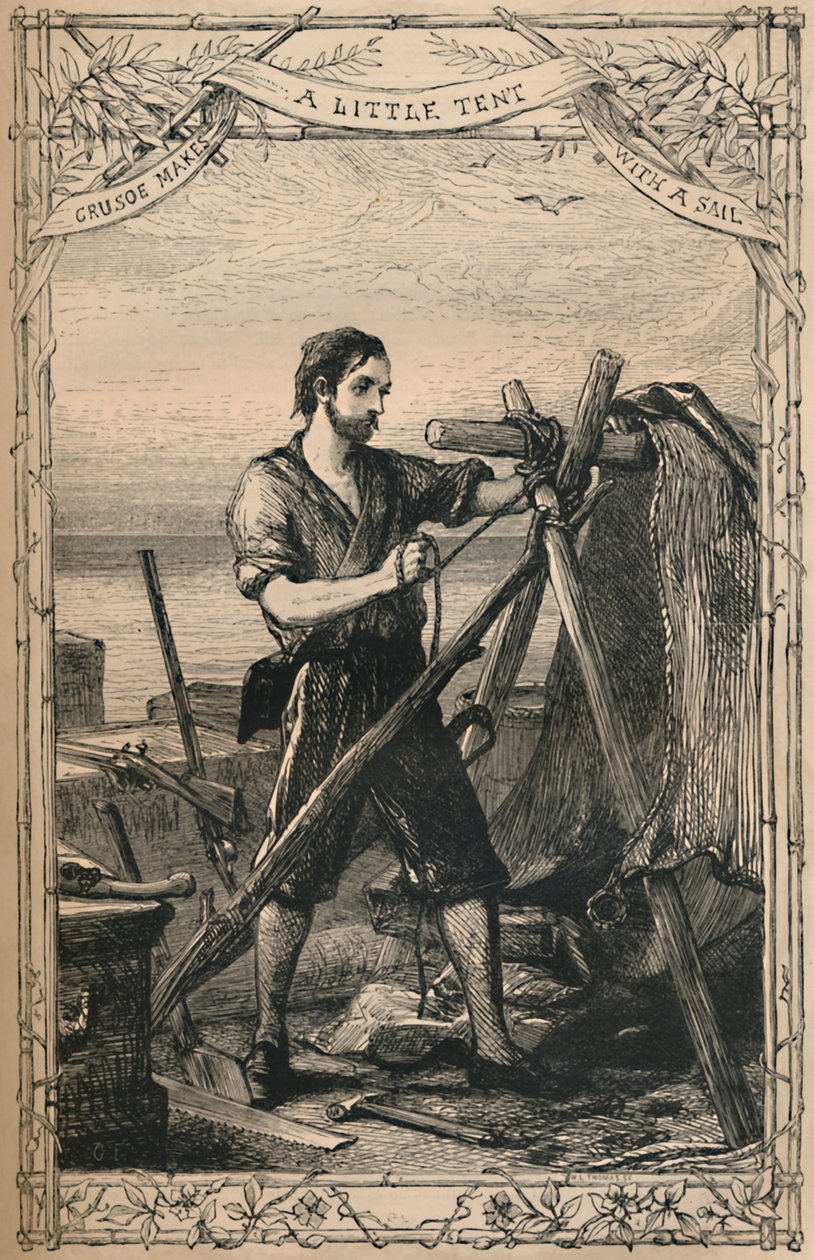 克鲁索用帆起了个小帐篷，c1870 作者 不明