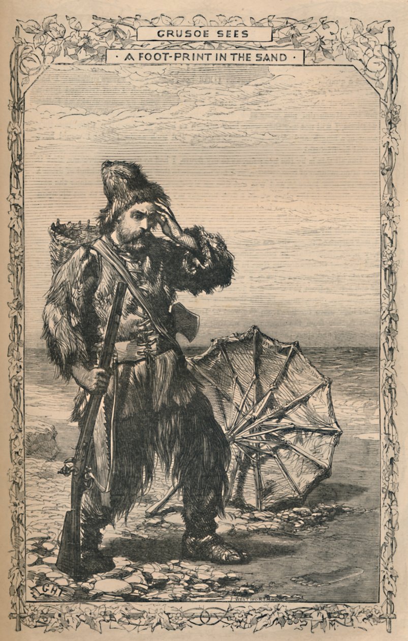 克鲁索（Crusoe）在沙滩上看到了足迹，c1870年 作者 不明