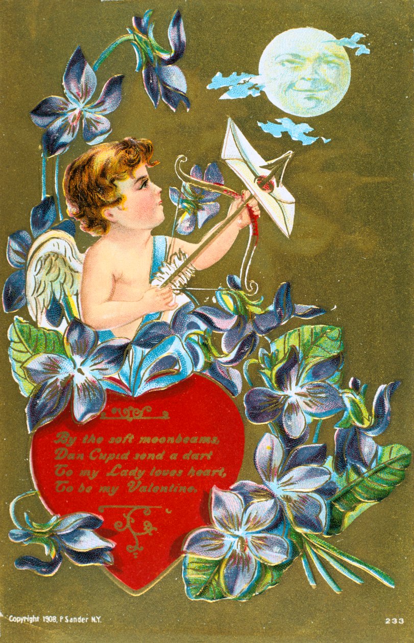 丘比特射带有美国情人卡的情书的箭，1908年 作者 不明