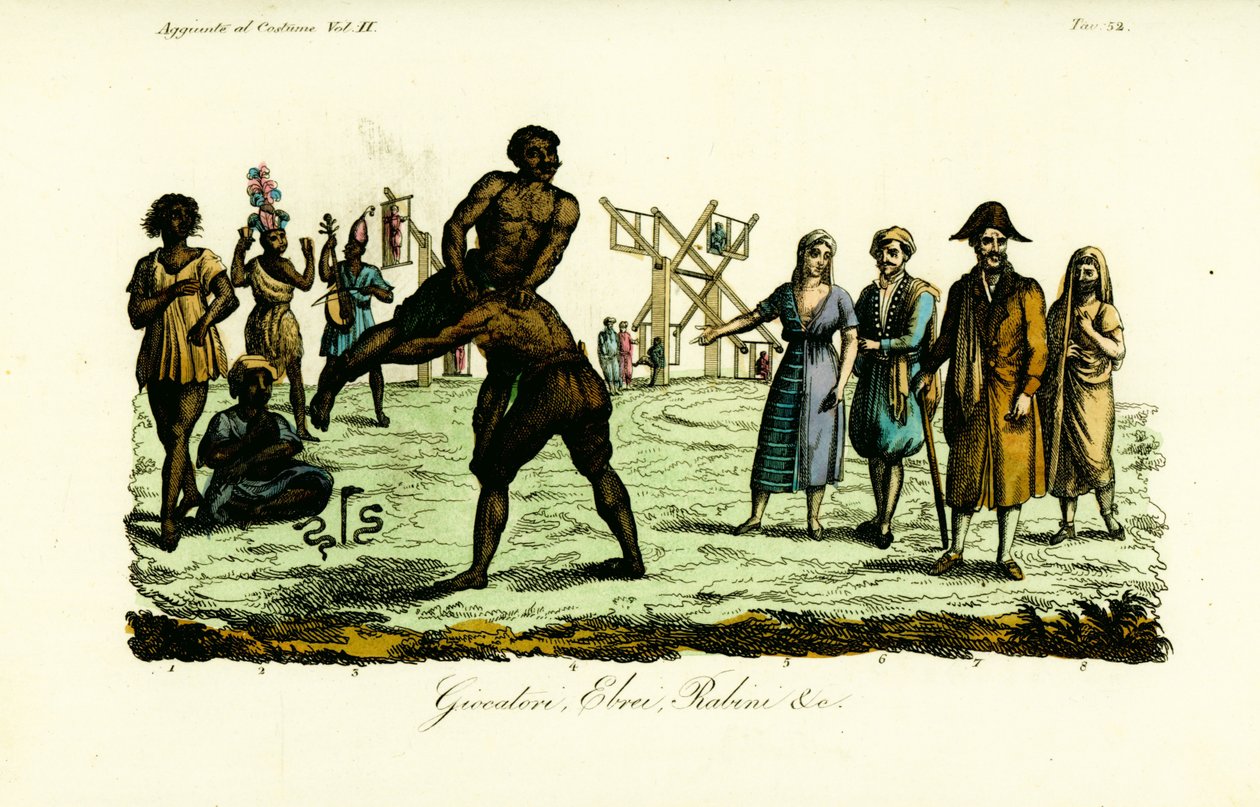 Dancer called Ulde Benaye 1, snake charmer 2, two men performing the Busardia dance 3, two wrestlers 4, Jewish woman 5, Jewish man 6, rabbi 7 and whore in veil 8 作者 不明
