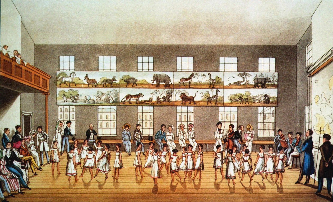 在罗伯特-欧文的基金会新拉纳克的舞蹈课，1823年。 作者 不明