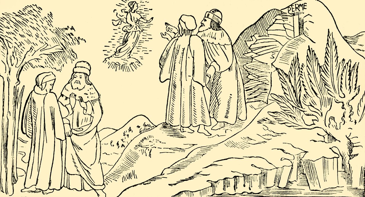 炼狱中的但丁见比阿特丽斯的愿景，c1930年。 作者 不明