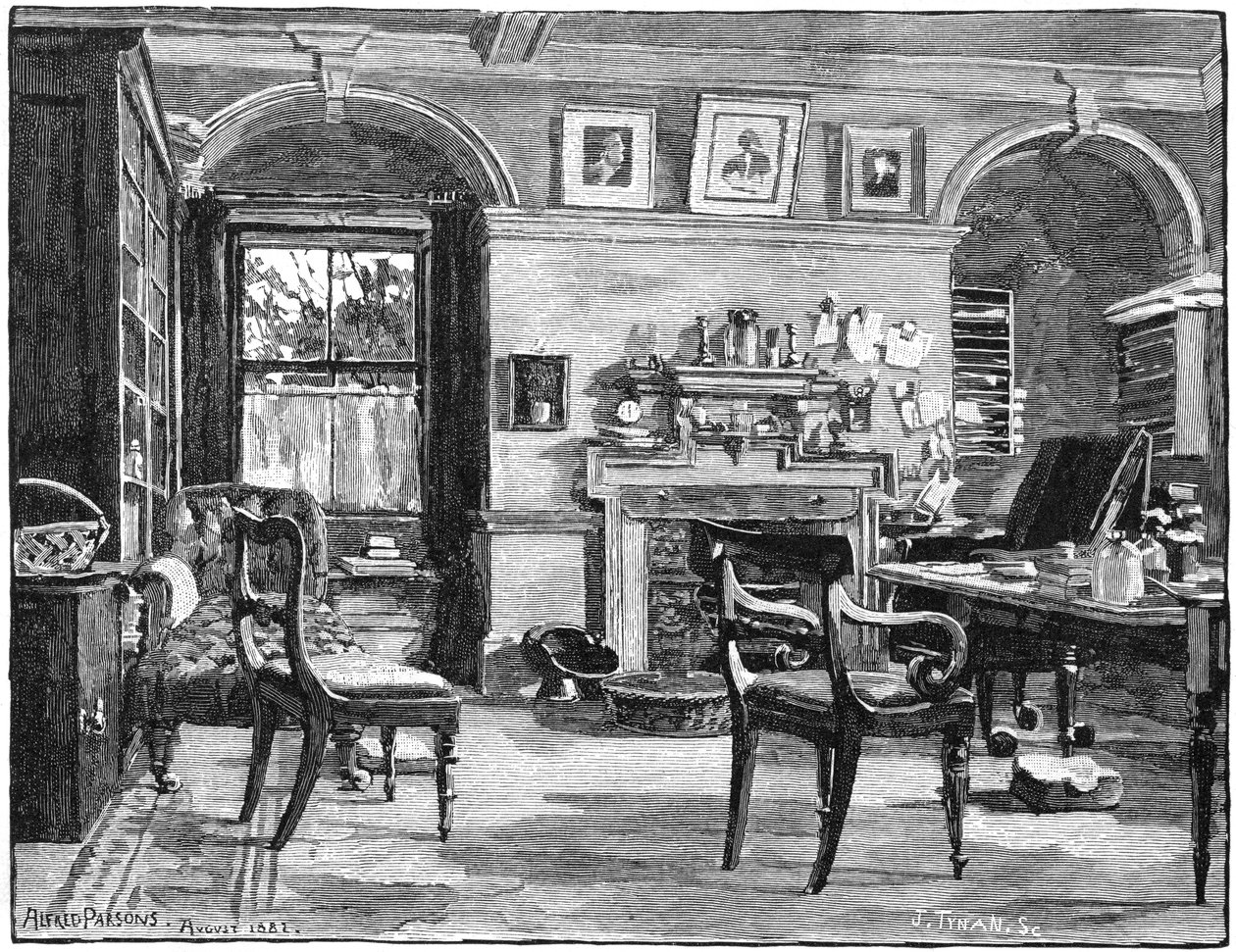 达尔文斯于1883年在肯特郡贝肯汉姆附近的家中的唐楼学习 作者 不明