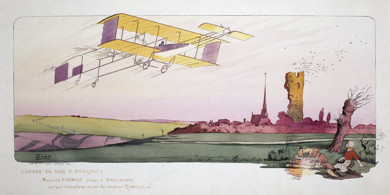 航空业的开端：莫里斯·法曼（1878-1964 年）在“Voyage de Bac a Chartres”比赛中驾驶装有雷诺发动机的双翼飞机，大约 1910 年 作者 不明