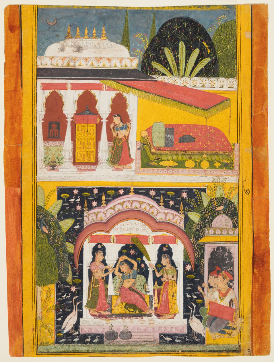 Desavarari Ragini，来自Ragamala系列：一位女士和两名侍应生，中间是凉亭，c169 作者 不明