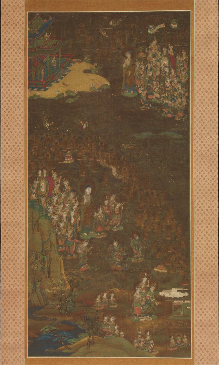 阿弥陀佛带着信徒的灵魂下降和返回西方天堂 Gosho mandara, 约1300。 作者 不明