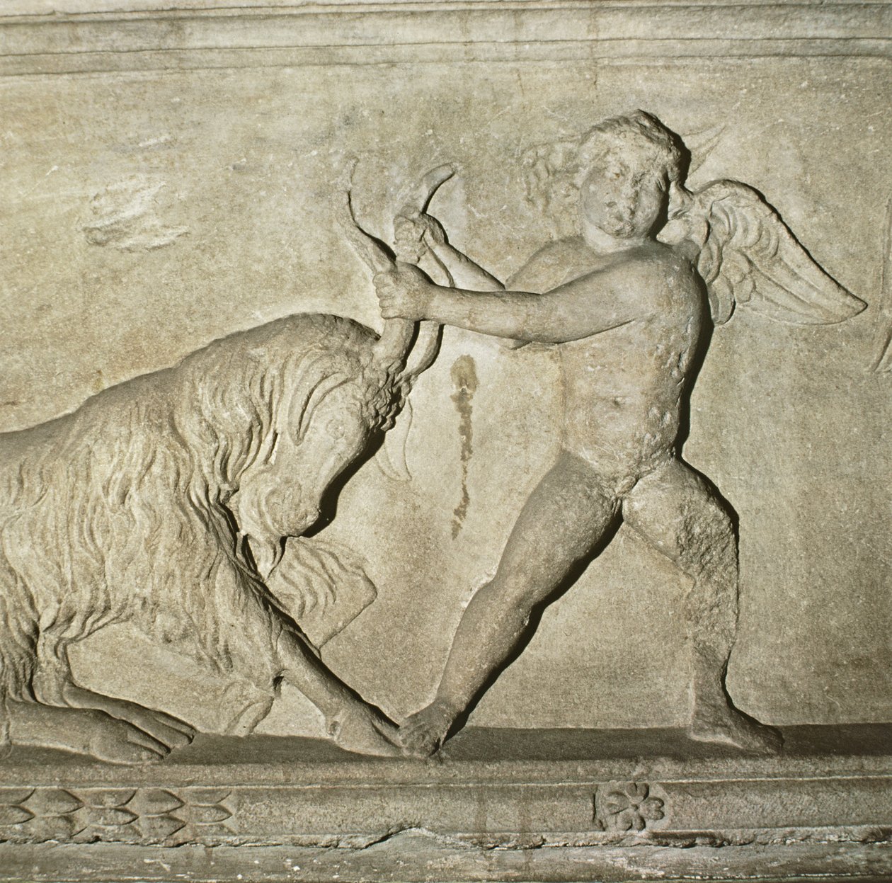Detail from a Greek sarcophagus from Lydia, depicting a putto wrestling with a goat (marble) 作者 不明