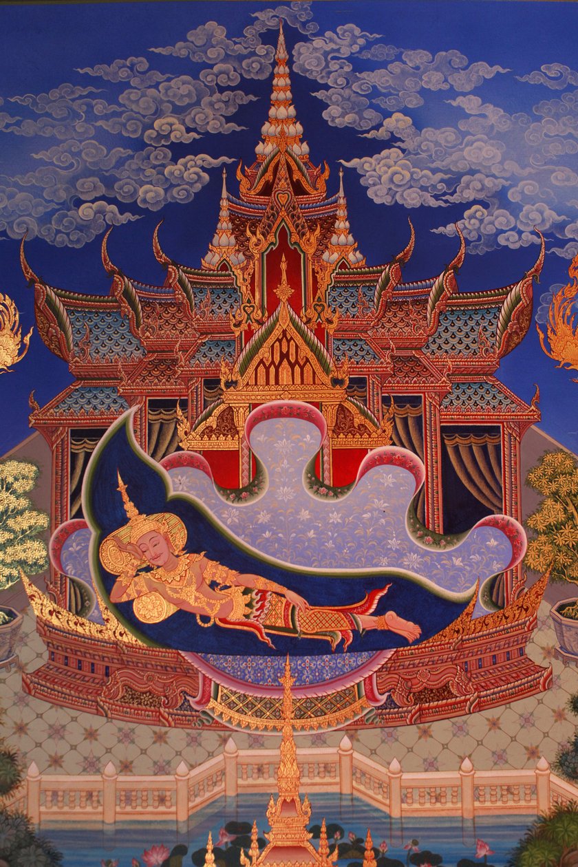 Detail of a mural painting in the Uposatha (shrine hall) of Buddhapadipa temple, Wimbledon, Grande-Bretagne 作者 不明