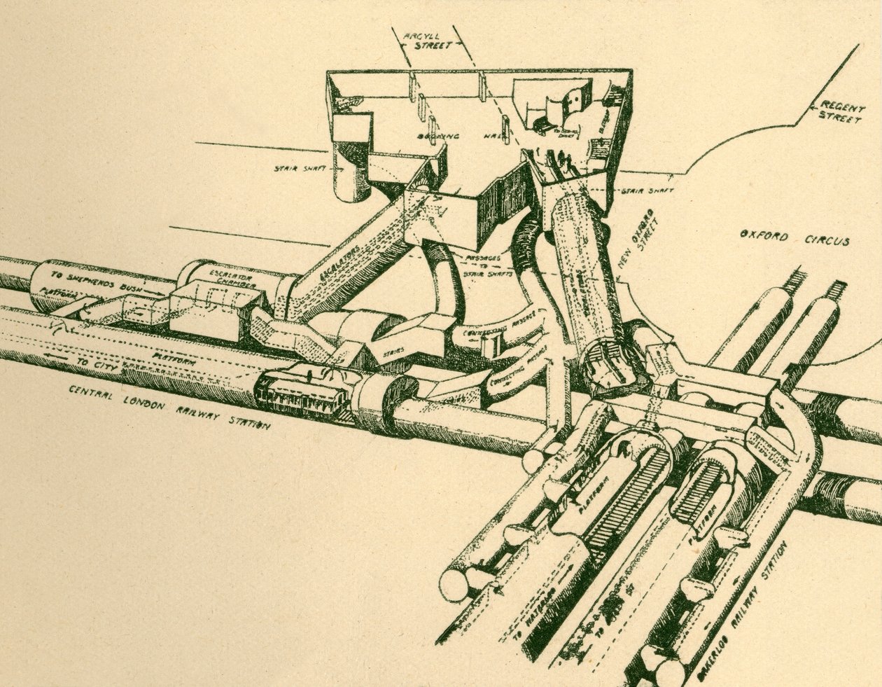 牛津广场新地铁站示意图，1930年。 作者 不明