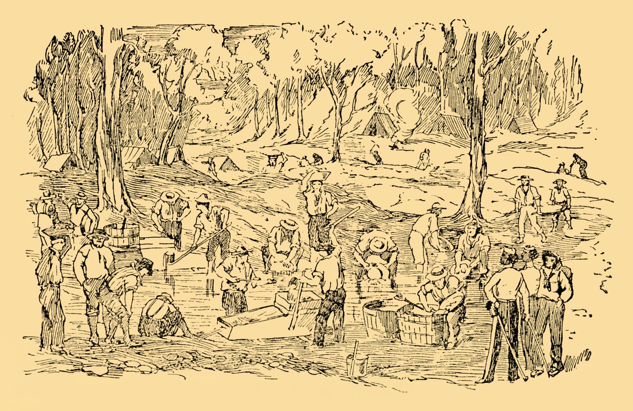 1851年在澳大利亚挖和洗黄金，c1930年。 作者 不明