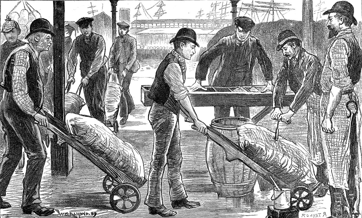 码头工人在伦敦西印度码头上卸糖，1889年 作者 不明
