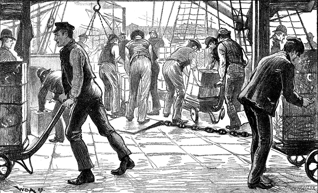 码头工人在伦敦码头卸茶，1889年 作者 不明