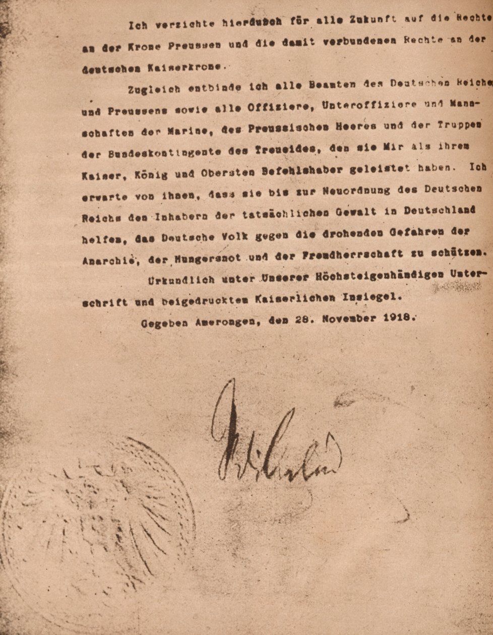 确认德国皇帝威廉二世退位的文件，1935年11月9日。 作者 不明