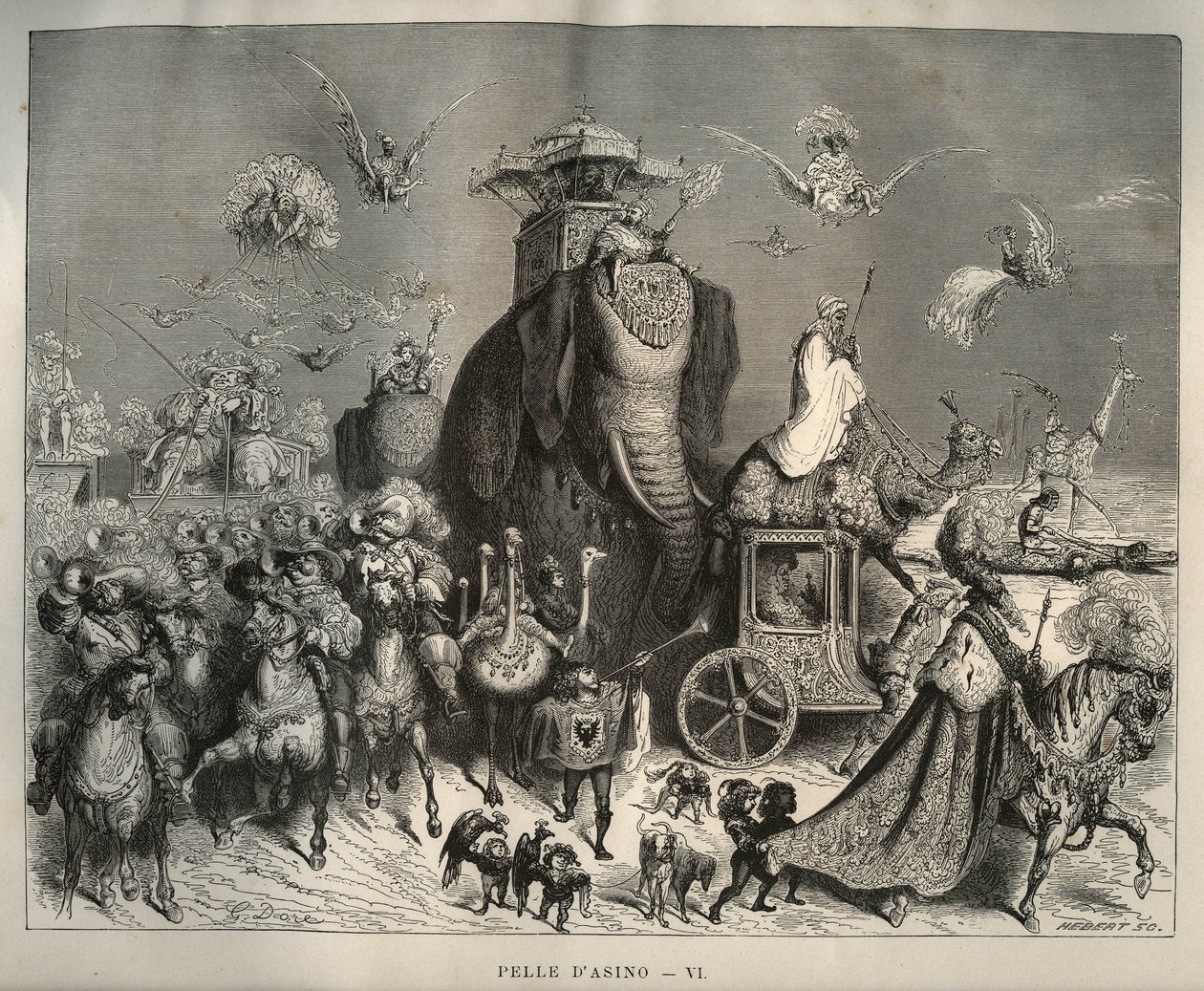驴皮：卡洛斯和新娘的队伍。古斯塔夫-多尔（Gustave Dore，1832-1883）根据查尔斯-佩罗（Charles Perrault，1628-1703）的 "Les contes "创作的版画。 作者 不明