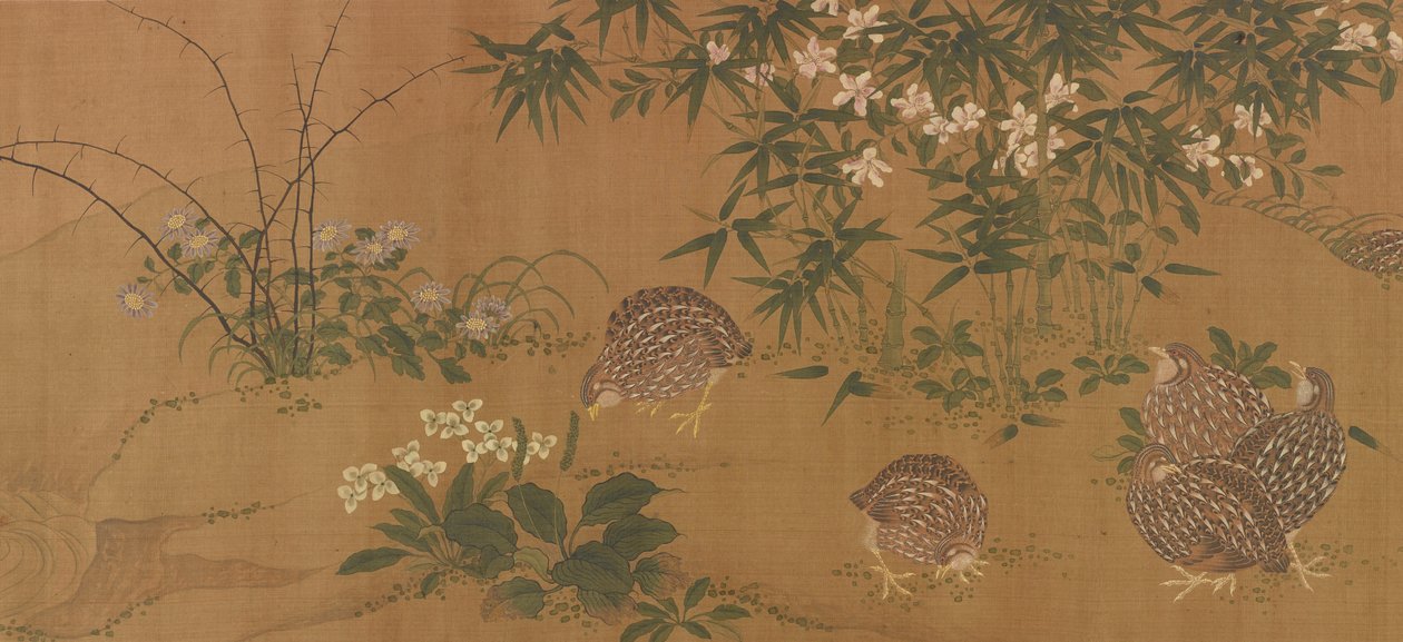 鸭子、花和鹌鹑，明代，1368-1644。 作者 不明