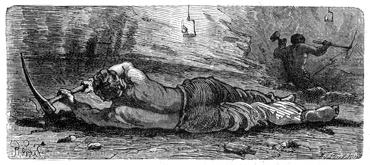 19世纪初，煤矿工人在狭窄的煤层上工作，c1868。 作者 不明