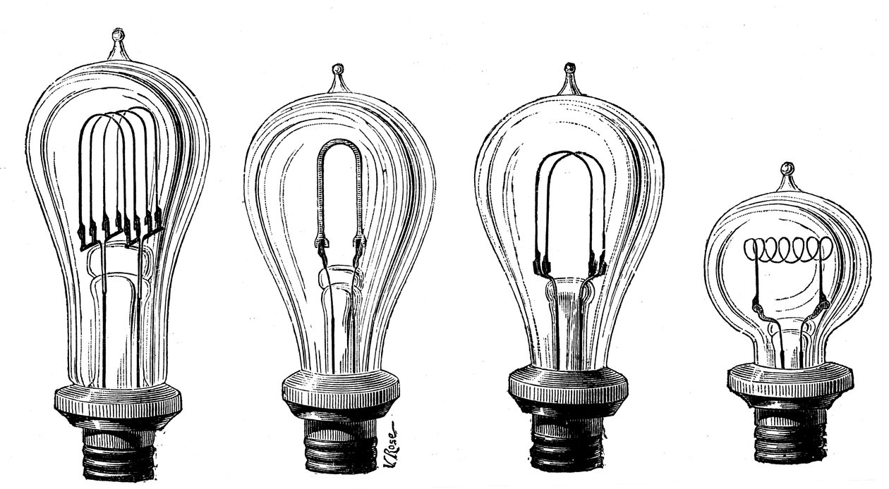 爱迪生（Edisons）白炽灯，显示各种形式的碳丝，1883年 作者 不明