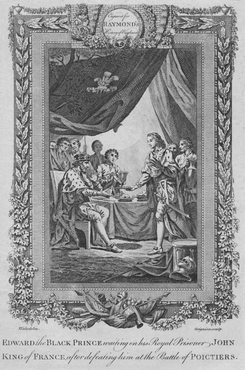 黑王子爱德华（Edward the Black Prince）在等待他的皇家囚犯约翰·法兰西国王（c1787） 作者 不明