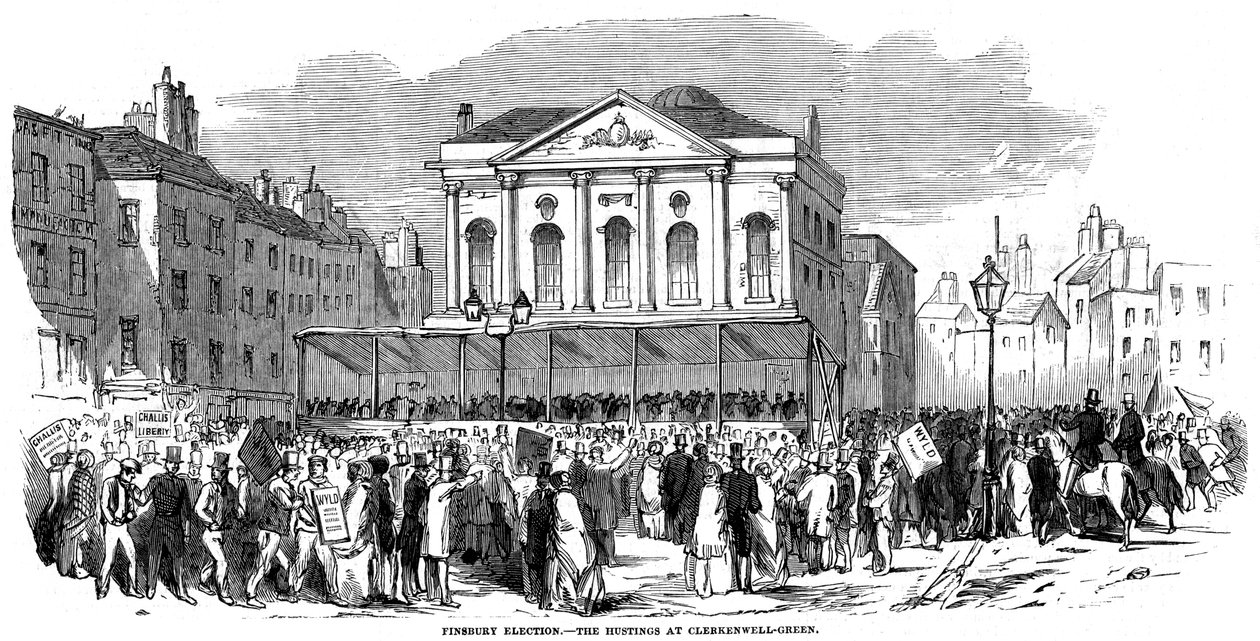 1852年伦敦Finsbury选举期间，在Clerkenwell Green举行选举 作者 不明