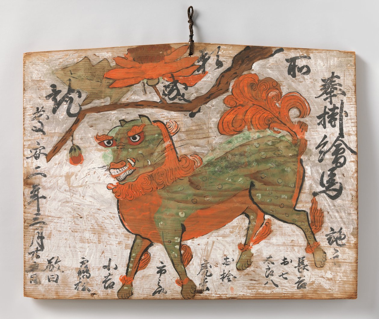 中国狮子和牡丹树的艾玛火药画，1649年。 作者 不明
