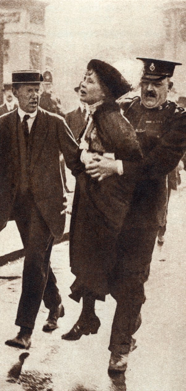 艾米琳·潘克赫斯特（Emmeline Pankhurst），1914年5月在伦敦白金汉宫外被警长罗尔夫（Rolfe）逮捕 作者 不明