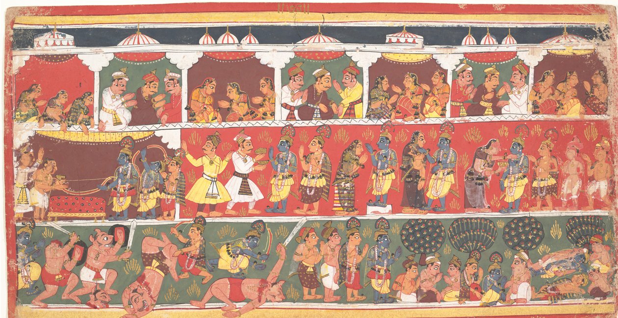 在马图拉的邂逅：页从分散的Bhagavata Purana...，约1700年。 作者 不明