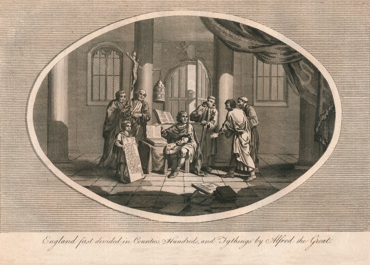 英格兰最早由阿尔弗雷德大帝（Alfred the Great）于1880年左右在郡县，数百个县中划分 作者 不明