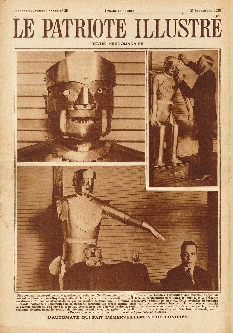 1928年在伦敦举行的模型工程师协会展览会上，英国第一个机器人埃里克。 作者 不明