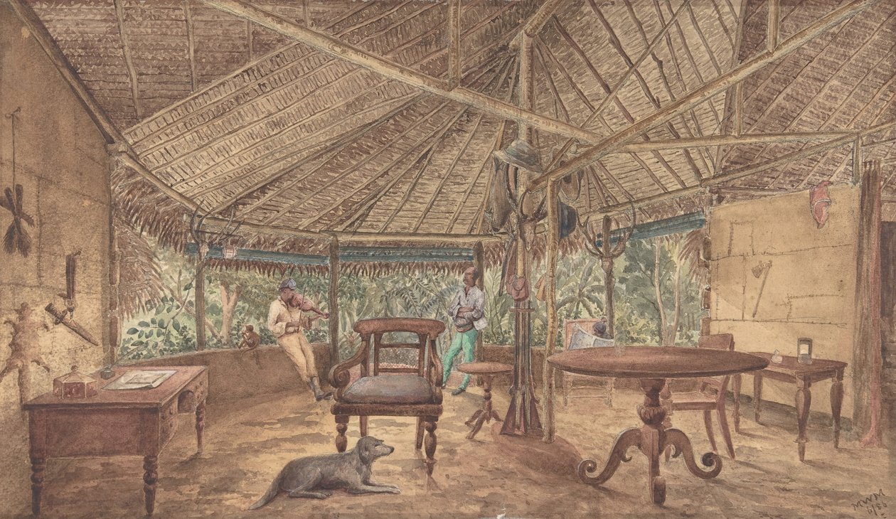 非洲丛林小屋中的欧洲男人，1886年。 作者 不明