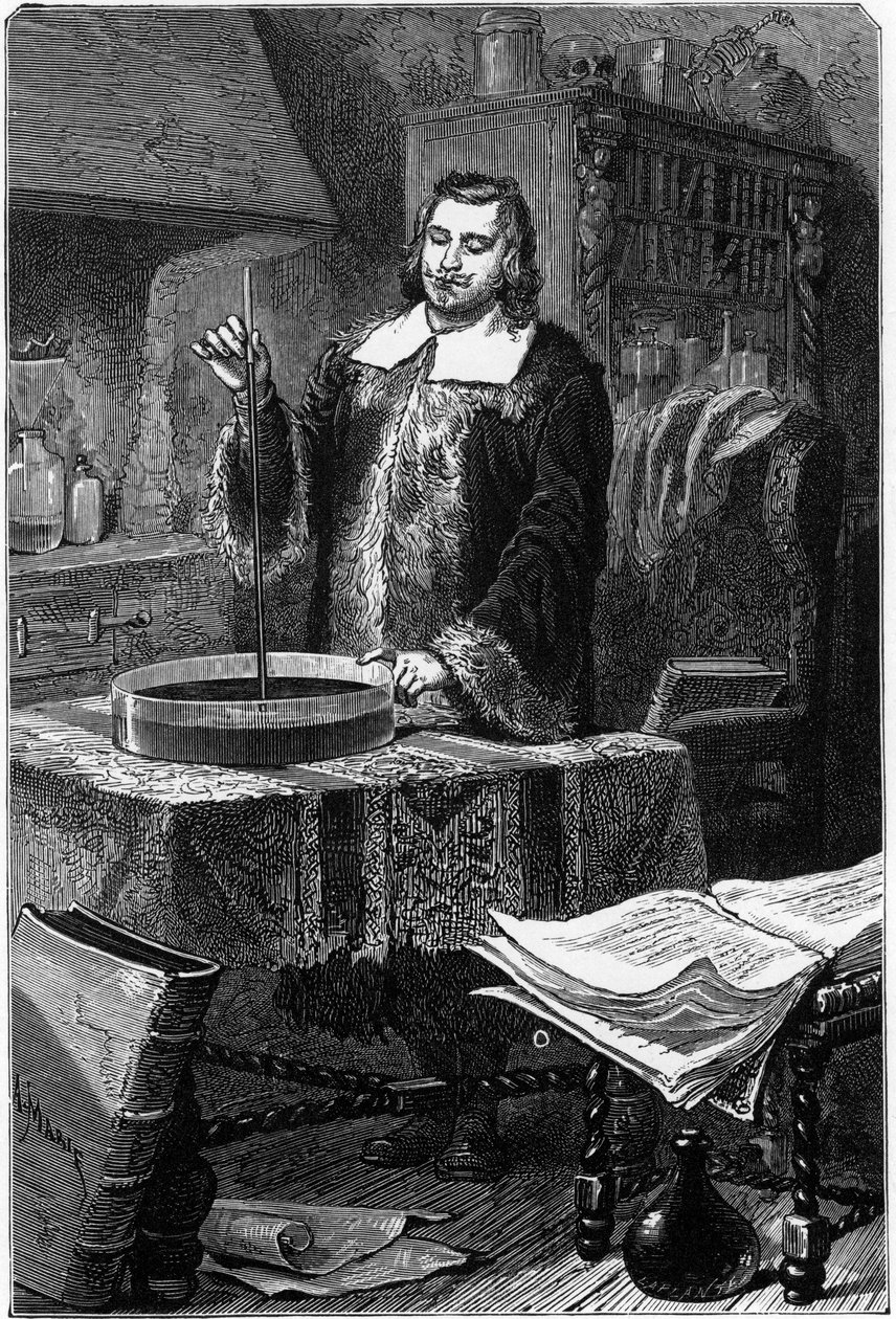 意大利物理学家Evangelista Torricelli发明了水银气压计，1643年，1873年 作者 不明