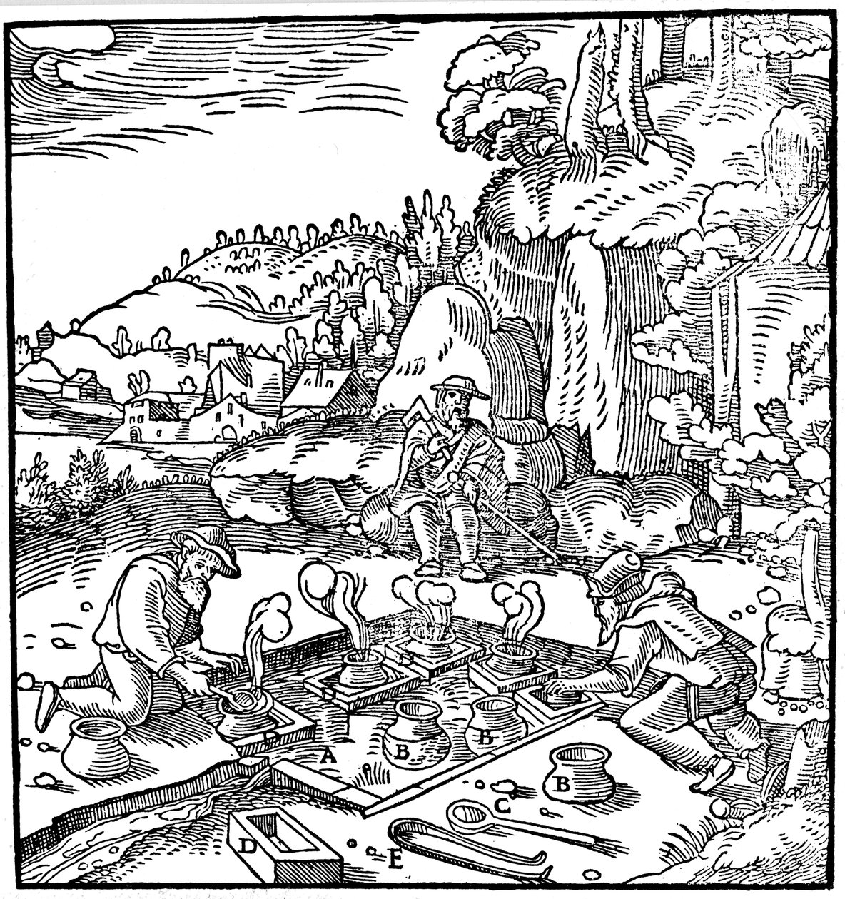 在天然温泉中蒸发几桶盐水以获得盐，1556年 作者 不明