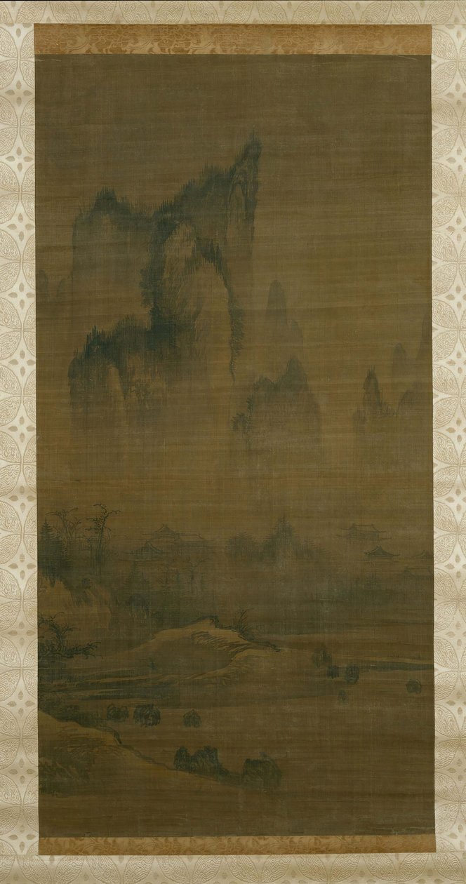 雾罩寺的晚钟，洞庭湖上的秋月右，约1450-1500年。 作者 不明