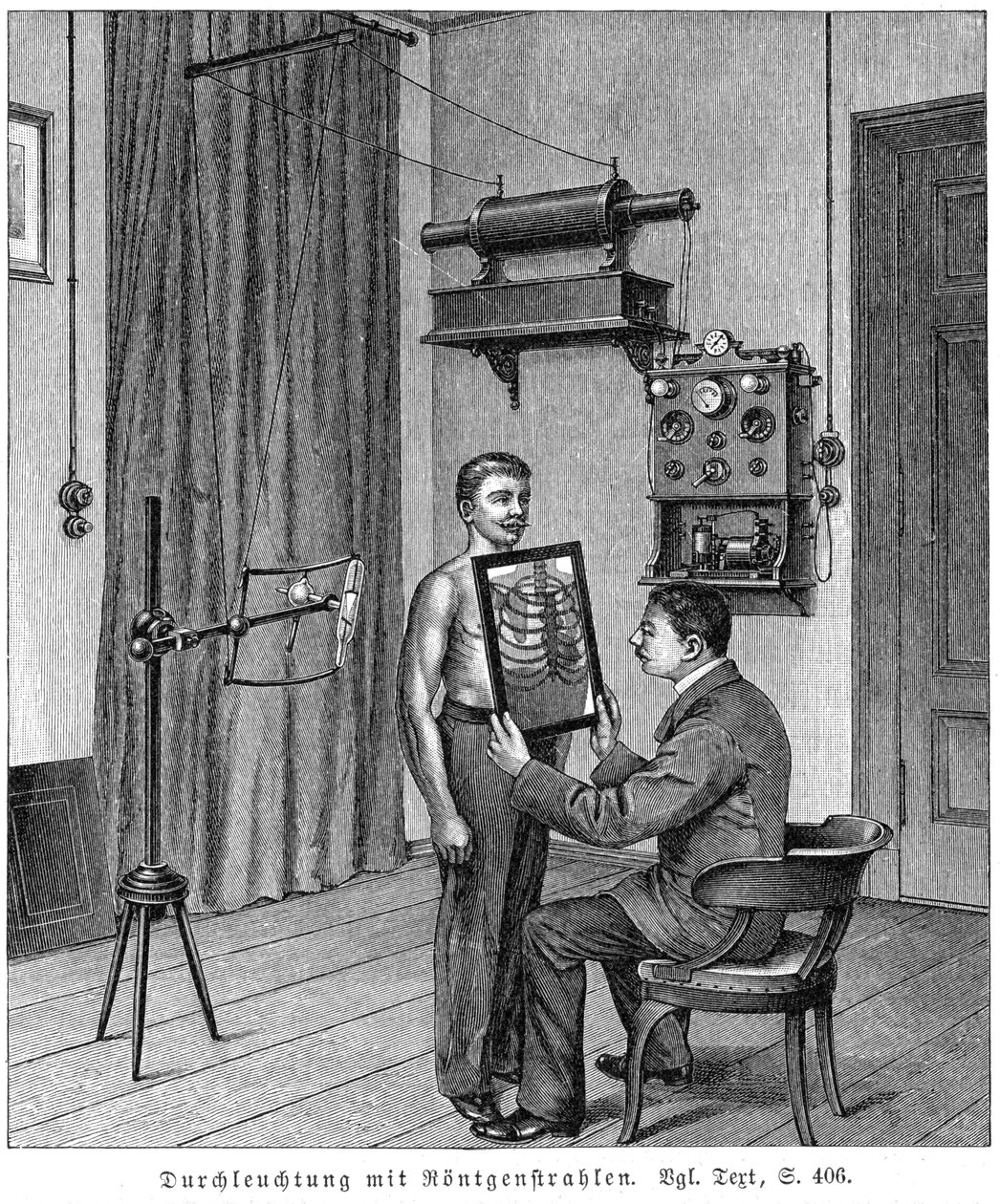 使用X射线管和荧光屏检查患者的胸部，1903年 作者 不明
