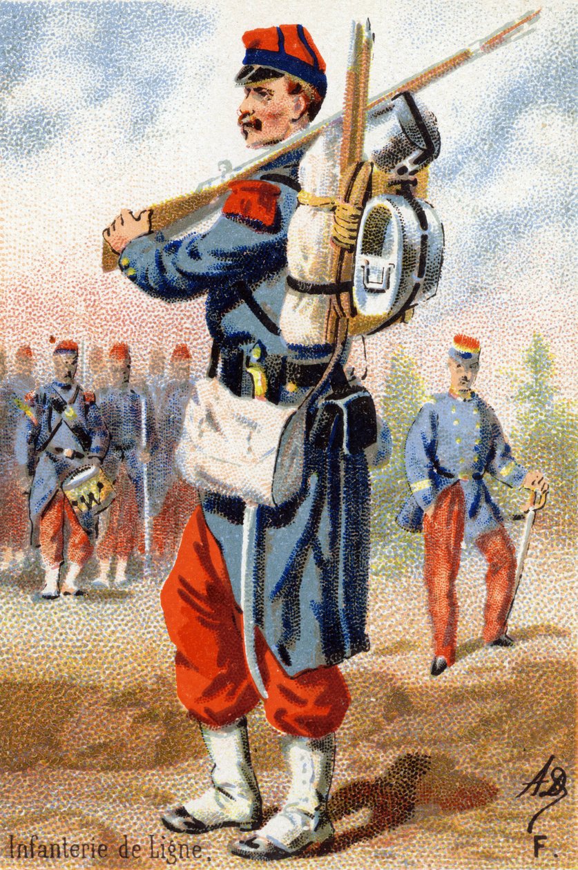 F: 线性步兵。用 "军事字母表 "雕刻.插画师的名字缩写。A. D. 未知出版商。19世纪末的彩色石版画。尺寸：10,5x7cm . 作者 不明