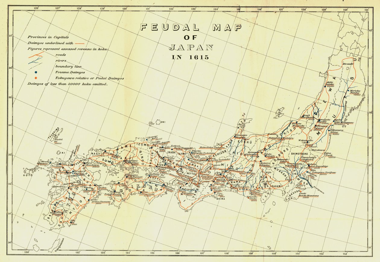 1903年的1615年日本封建地图。 作者 不明