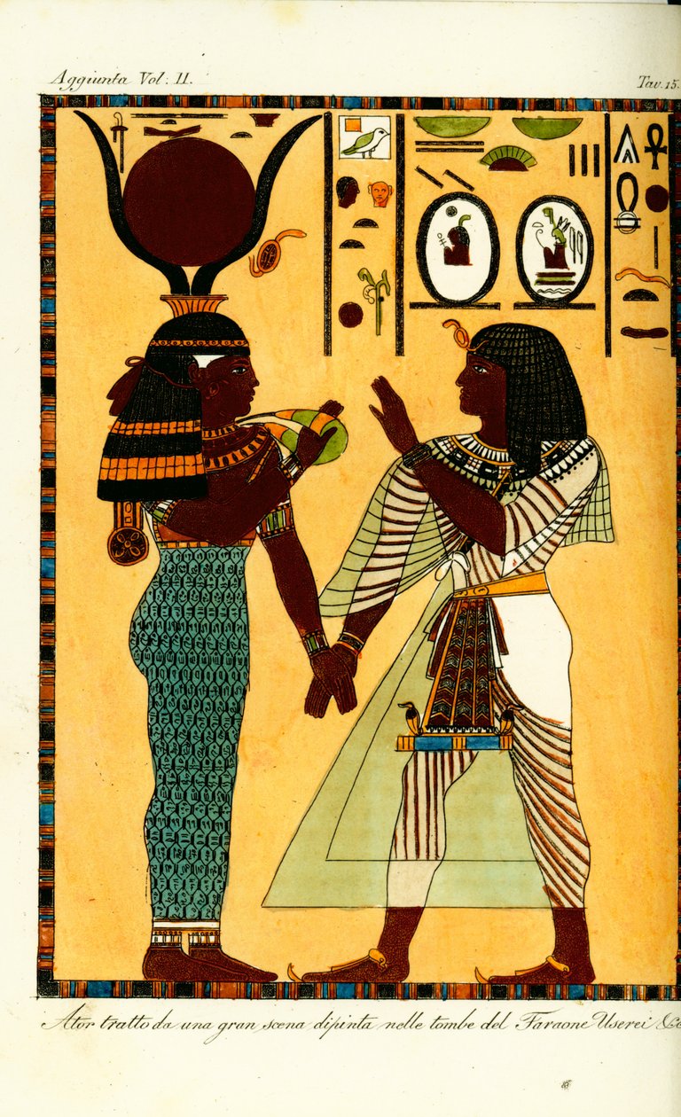 吉奥瓦尼·巴蒂斯塔·贝尔佐尼 (Giovanni Battista Belzoni) 在底比斯 (Thebes) 的墓中发现了埃及女神哈索尔 (Hathor) 和塞提一世 (Seti I) 国王的雕像 作者 不明