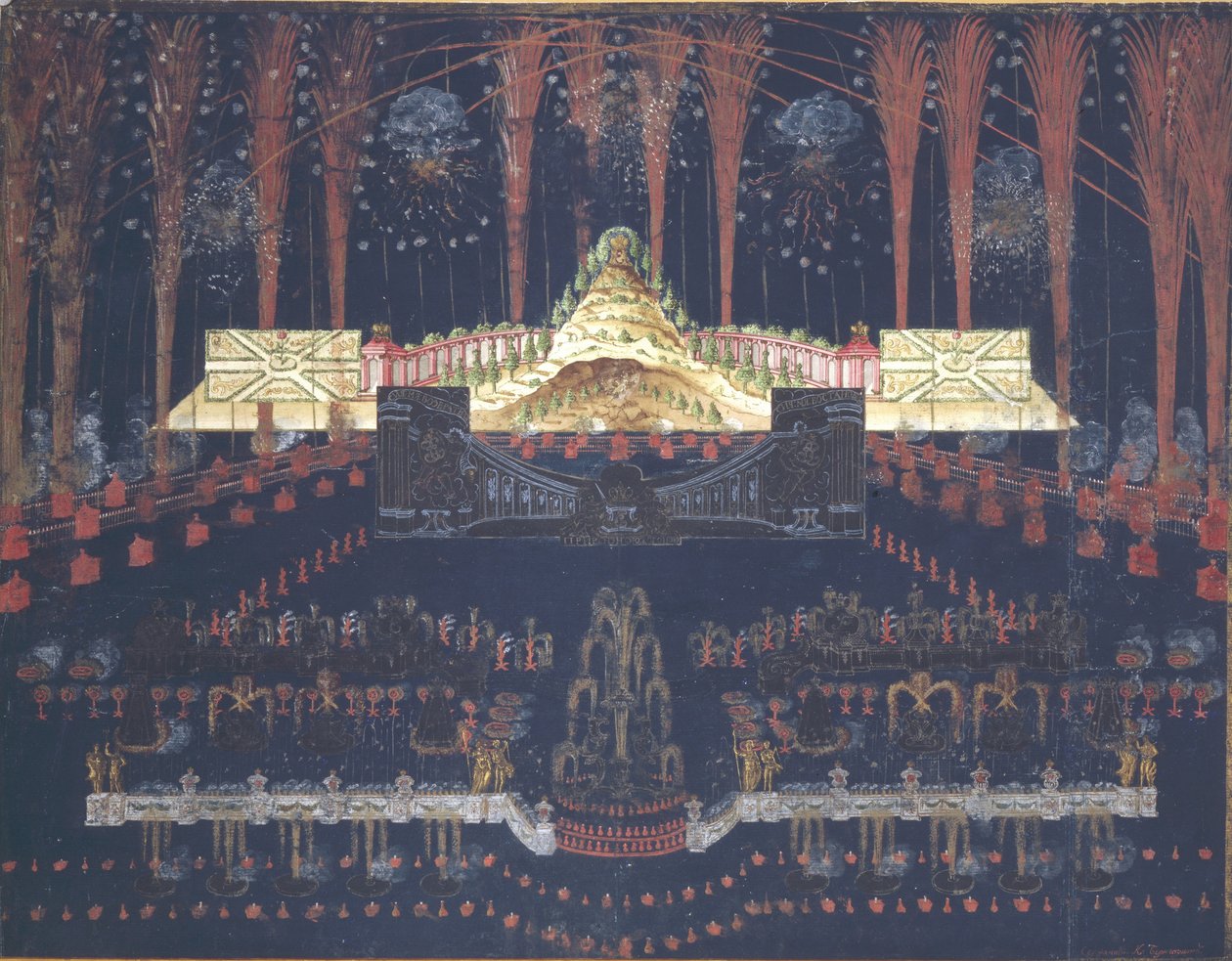 1742年4月25日在莫斯科举行的烟花表演和照明18世纪中期。 作者 不明