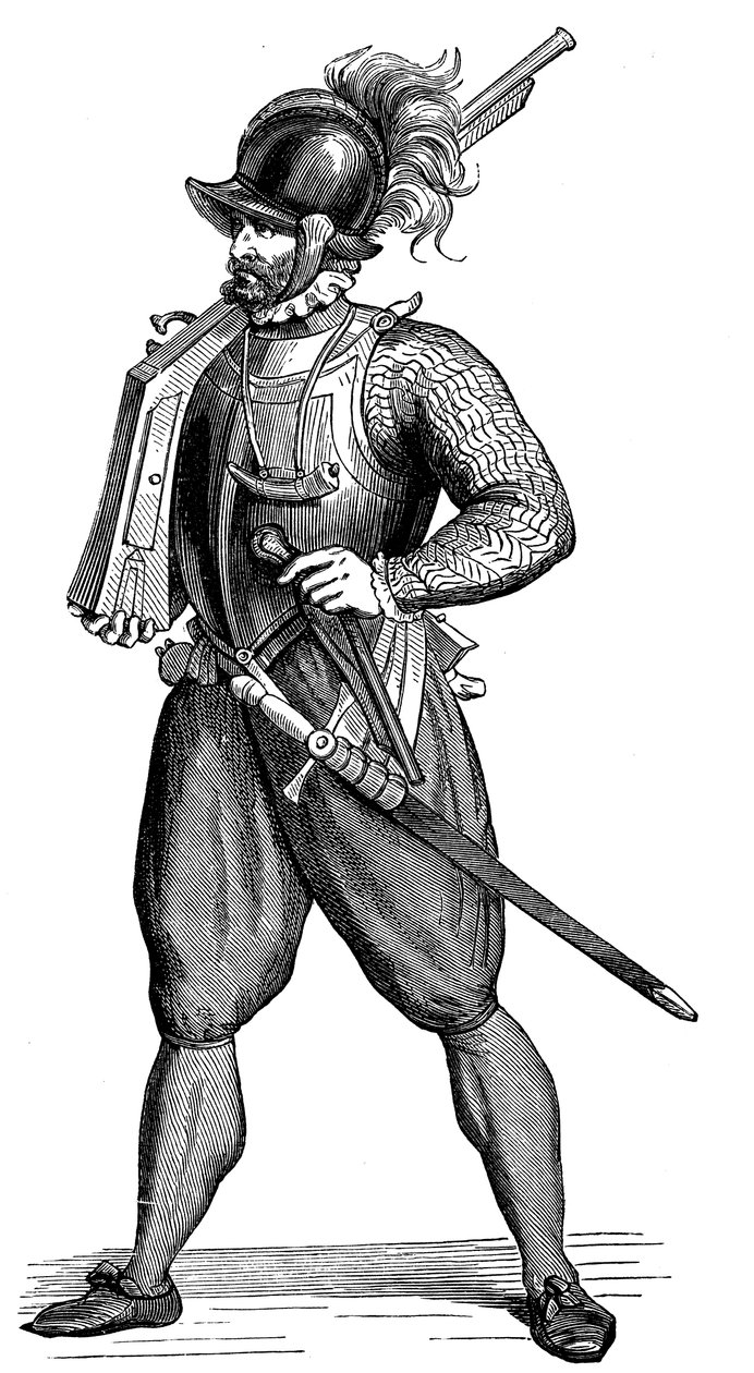 步兵背着harquebus，1590年 作者 不明