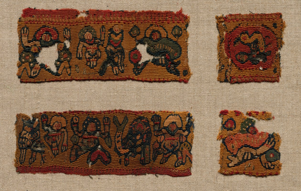 一件外衣的伽马迪翁边界的四个碎片，400-600年代。 作者 不明