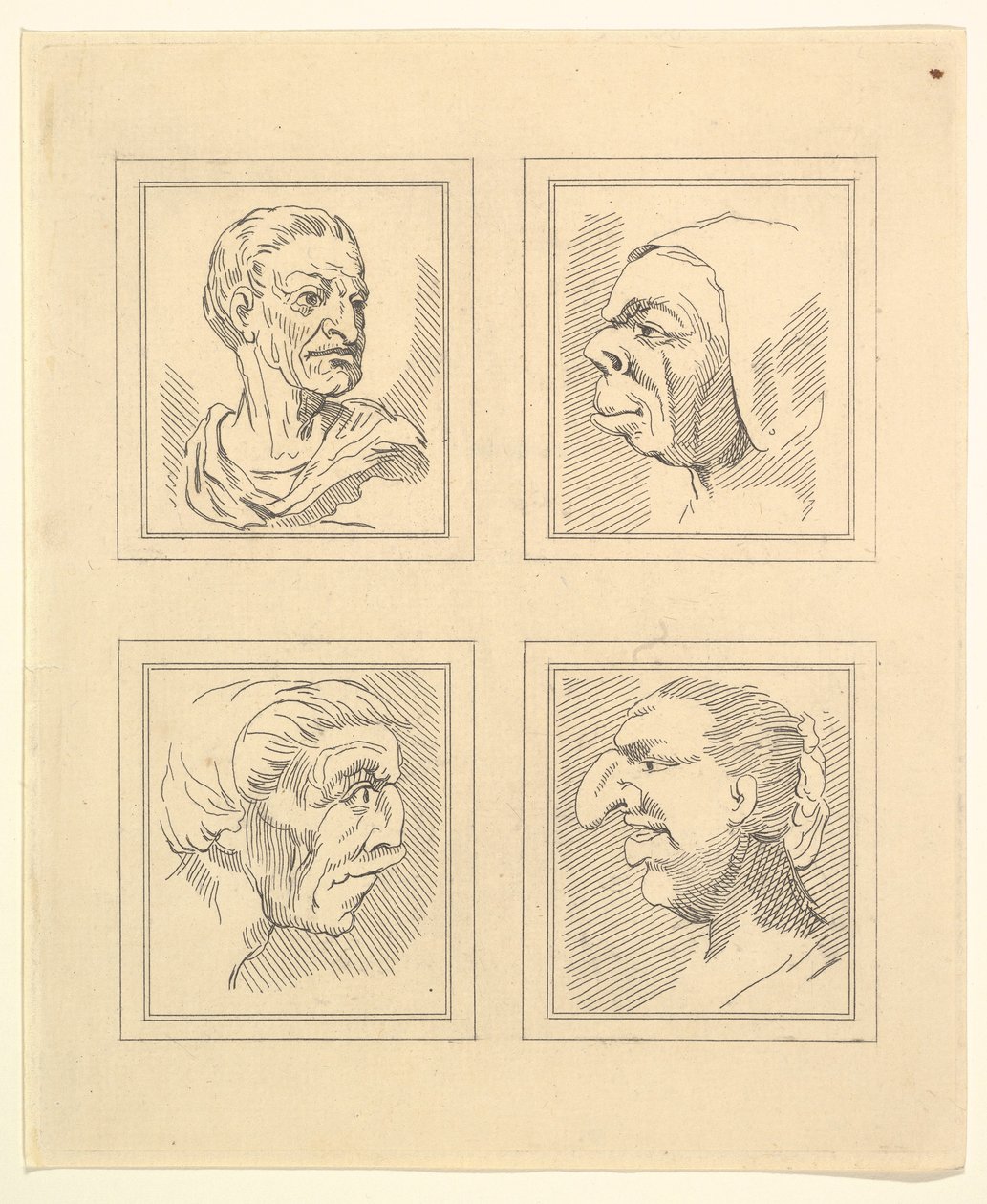 四个头像来自达芬奇的Characaturas，根据Wincelslaus Hollar的画作，O...，1786。 作者 不明