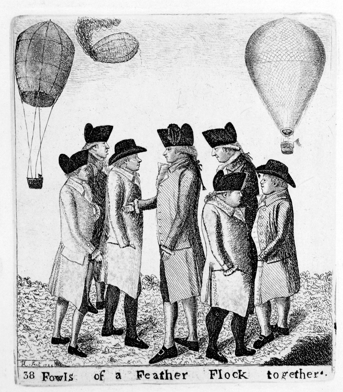 一群羽毛的鸟聚集在一起，一群宇航员，c1785 作者 不明
