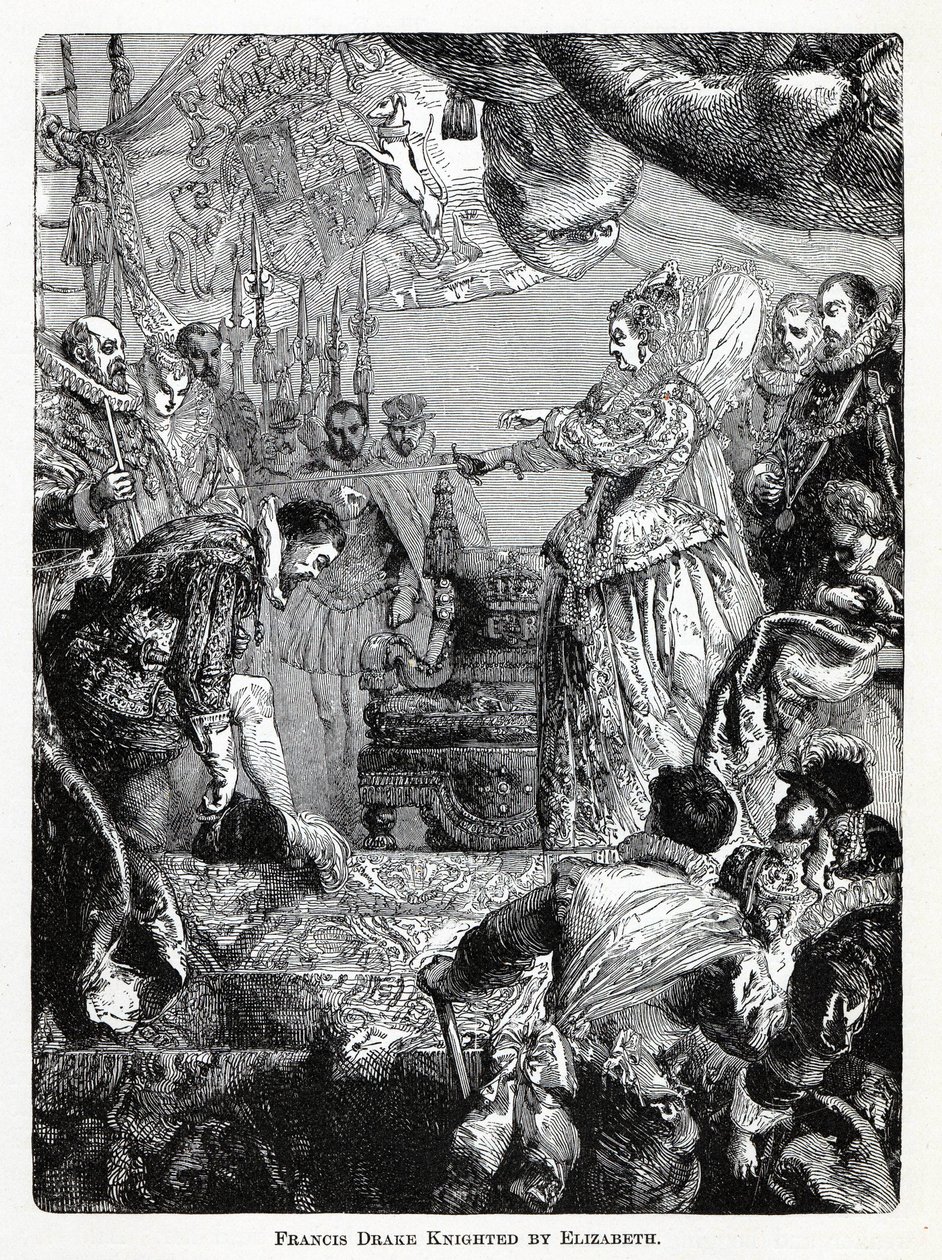 弗朗西斯·德雷克（Francis Drake）被伊丽莎白（Elizabeth）封为骑士，1882年 作者 不明
