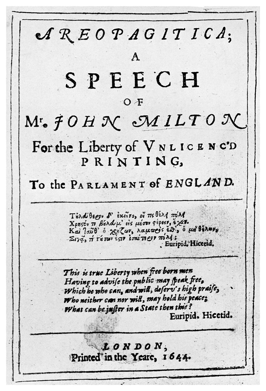 新闻自由：约翰·弥尔顿（John Milton）的Areopagitica标题页，1644年，1956年 作者 不明