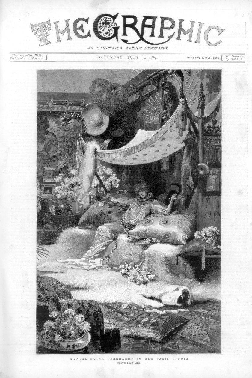 法国女演员莎拉·伯恩哈特（Sarah Bernhardt）在法国巴黎的工作室，1890年 作者 不明