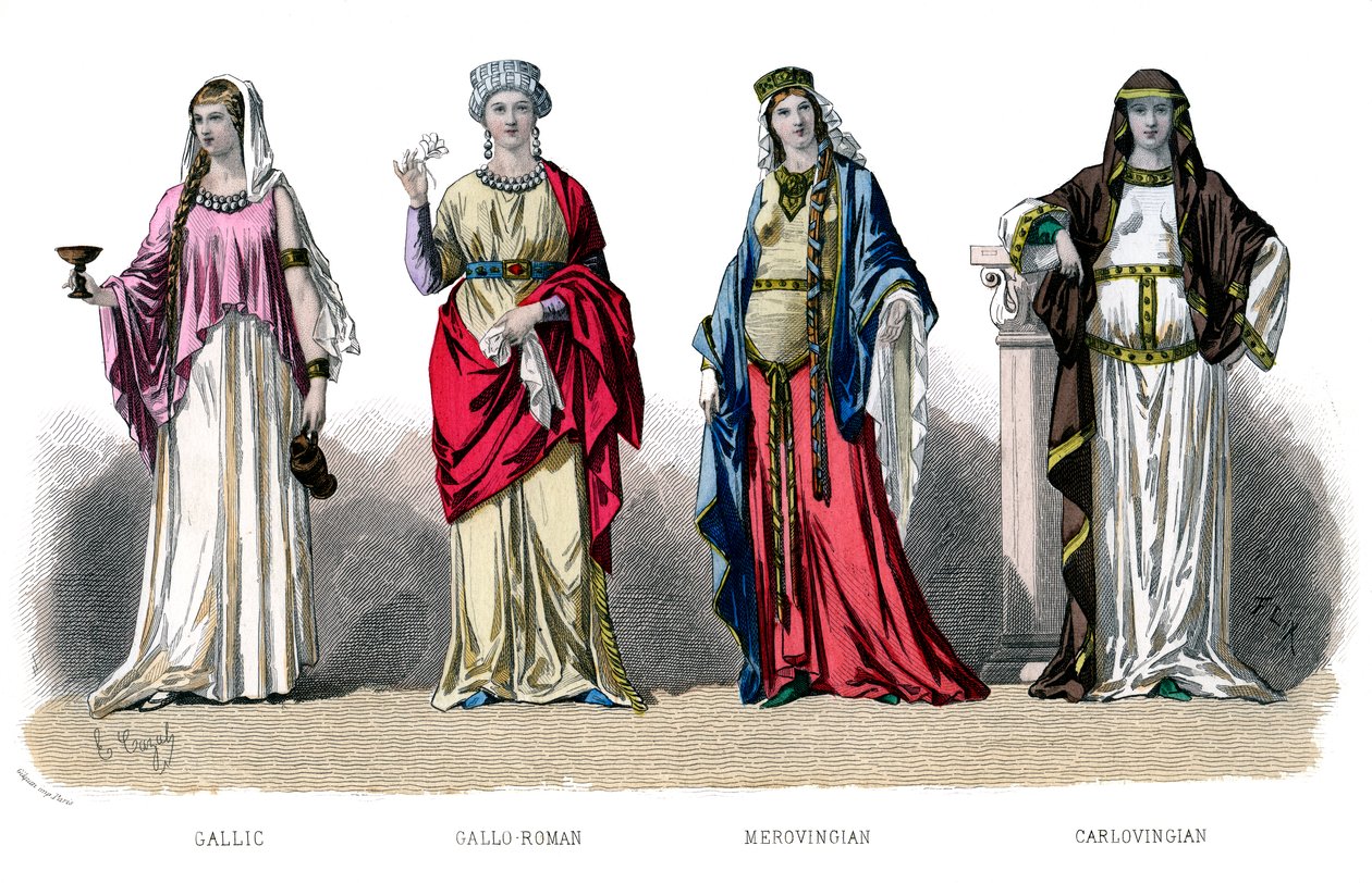 法国服装：高卢（Galic），罗马高卢（Gallo Roman），梅洛芬吉安（Merovingian），卡洛维安（Carlovingian），1882年 作者 不明